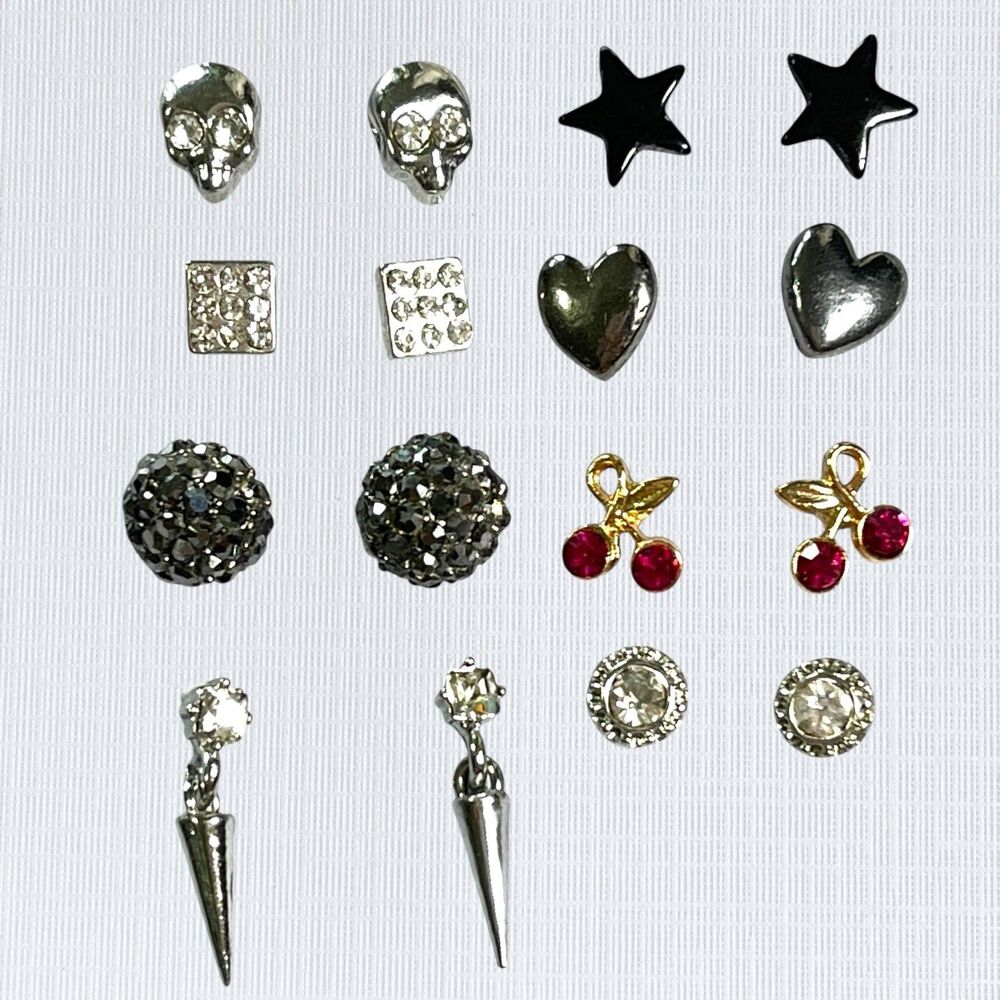 VTG - Now Earring Lot Goth Punk Kawaii Stud Dangle Spike Skull Cherry Rhinestone
